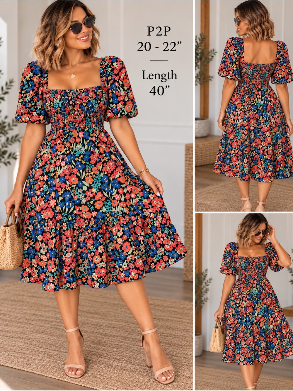 Smocked Square-Neck Midi Dress - Black Multi Floral